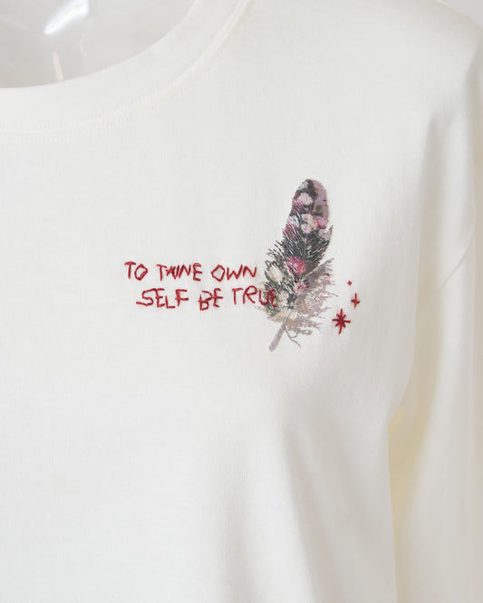 FEATHER-EMBROIDERED LONG SLEEVE T-SHIRT - WHITE