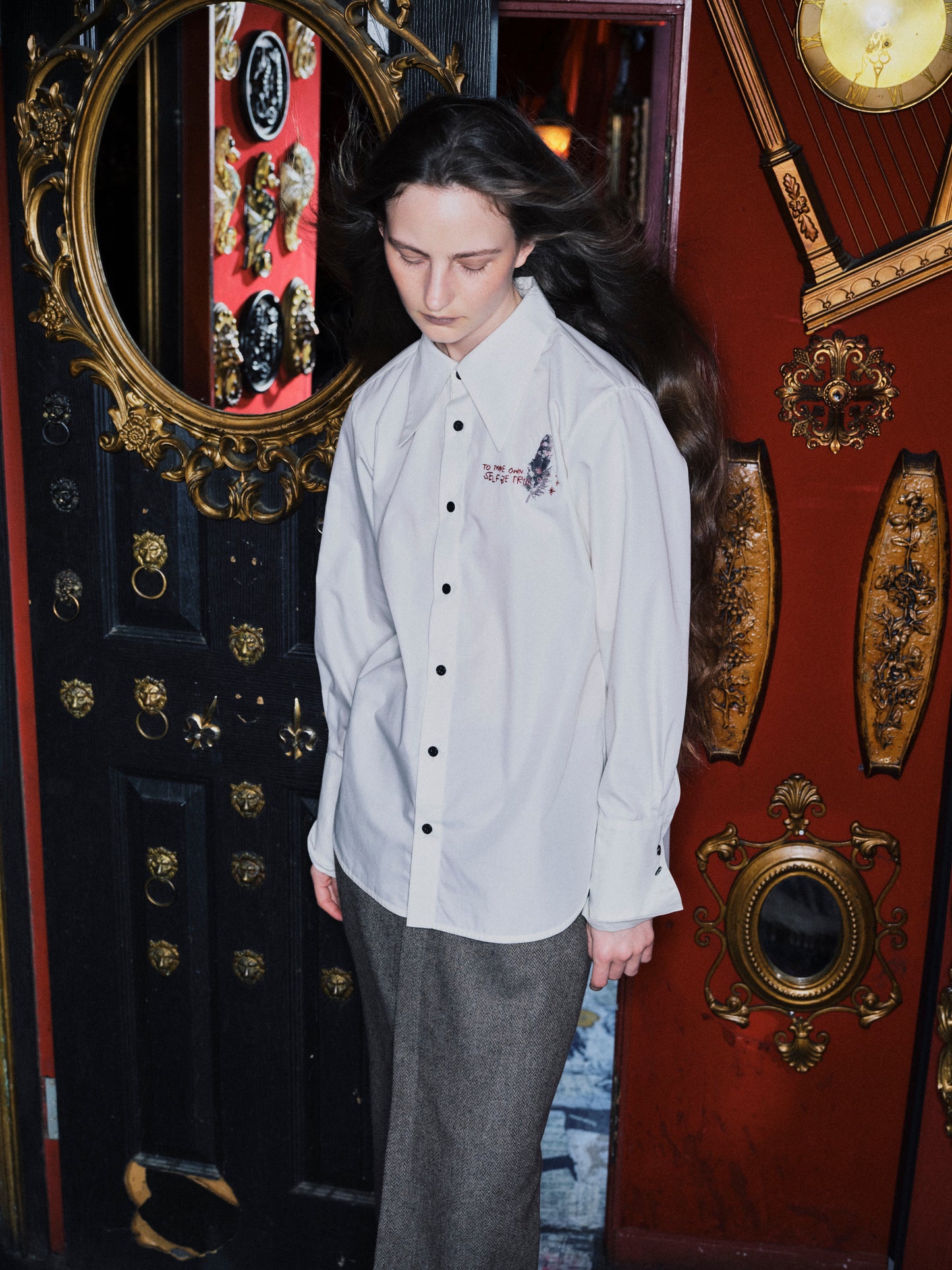 FEATHER-EMBROIDERED SHIRT - WHITE