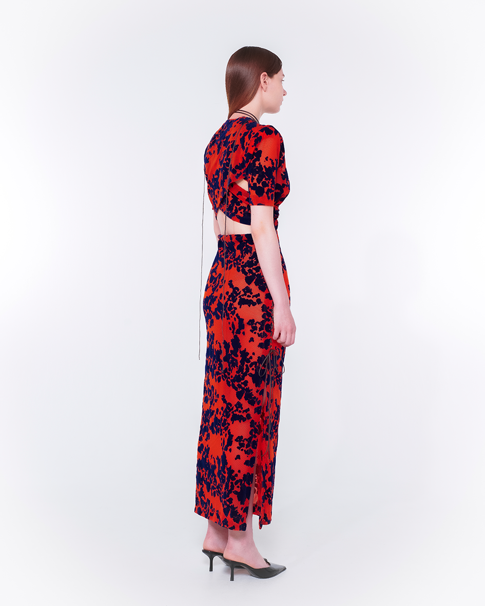 Fan-lacing Flocked Power Net Dress(Orange)