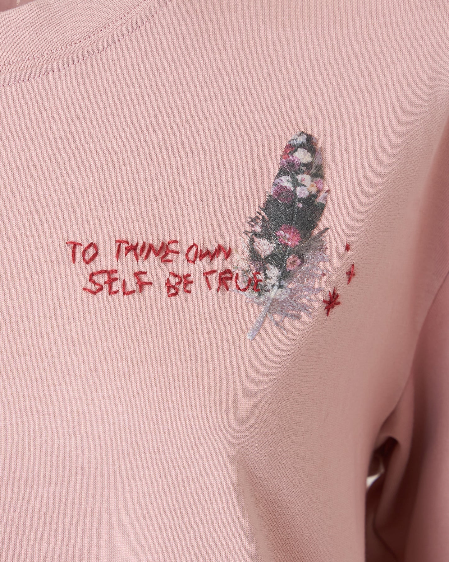 FEATHER-EMBROIDERED LONG SLEEVE T-SHIRT - PINK