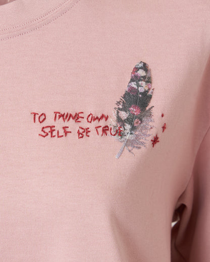FEATHER-EMBROIDERED LONG SLEEVE T-SHIRT - PINK