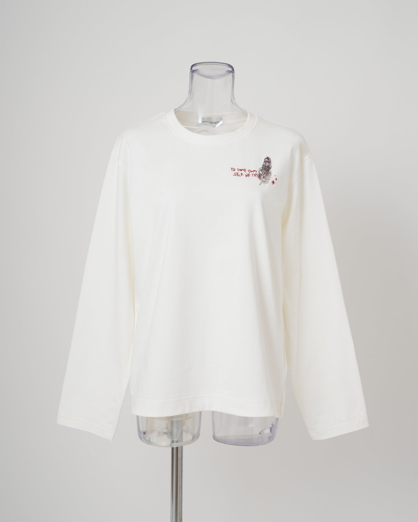 FEATHER-EMBROIDERED LONG SLEEVE T-SHIRT - WHITE
