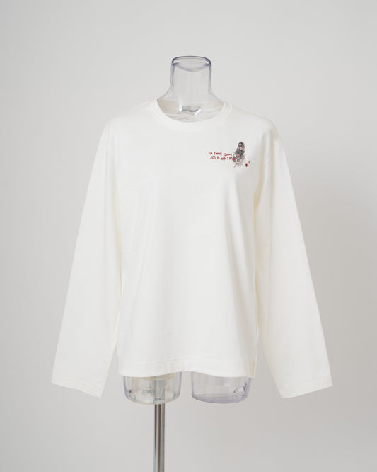 FEATHER-EMBROIDERED LONG SLEEVE T-SHIRT - WHITE