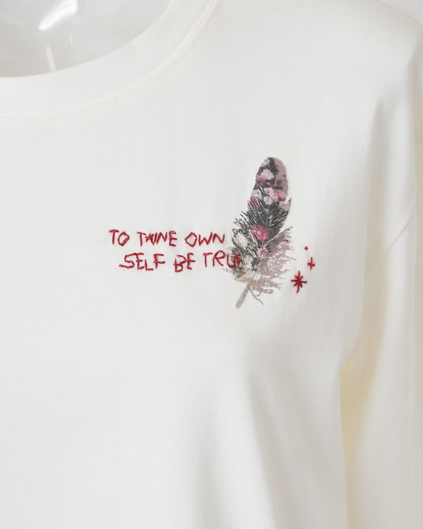 FEATHER-EMBROIDERED LONG SLEEVE T-SHIRT - WHITE