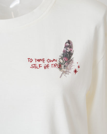 FEATHER-EMBROIDERED LONG SLEEVE T-SHIRT - WHITE