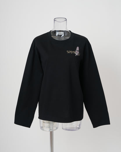 FEATHER-EMBROIDERED LONG SLEEVE T-SHIRT - BLACK