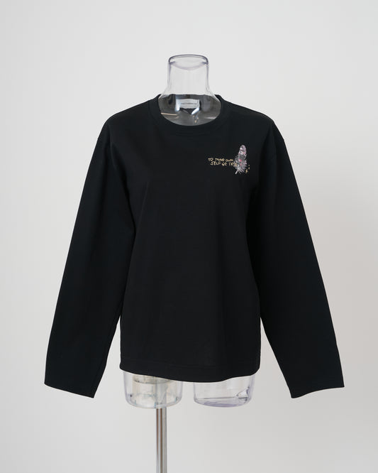 FEATHER-EMBROIDERED LONG SLEEVE T-SHIRT - BLACK