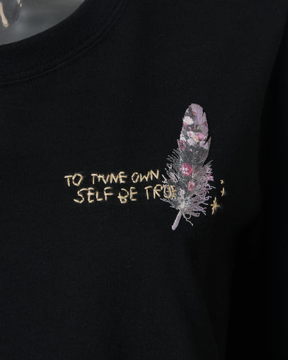 FEATHER-EMBROIDERED LONG SLEEVE T-SHIRT - BLACK