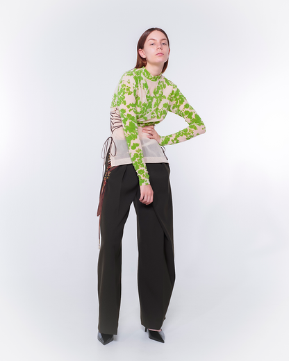 Fan-lacing Flocked Power Net Tops（Beige）
