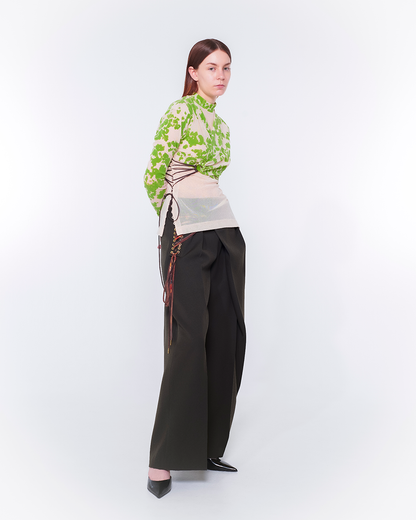 Fan-lacing Flocked Power Net Tops（Beige）