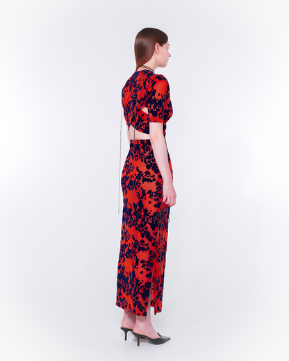 Fan-lacing Flocked Power Net Dress（Orange）