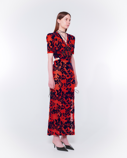 Fan-lacing Flocked Power Net Dress（Orange）
