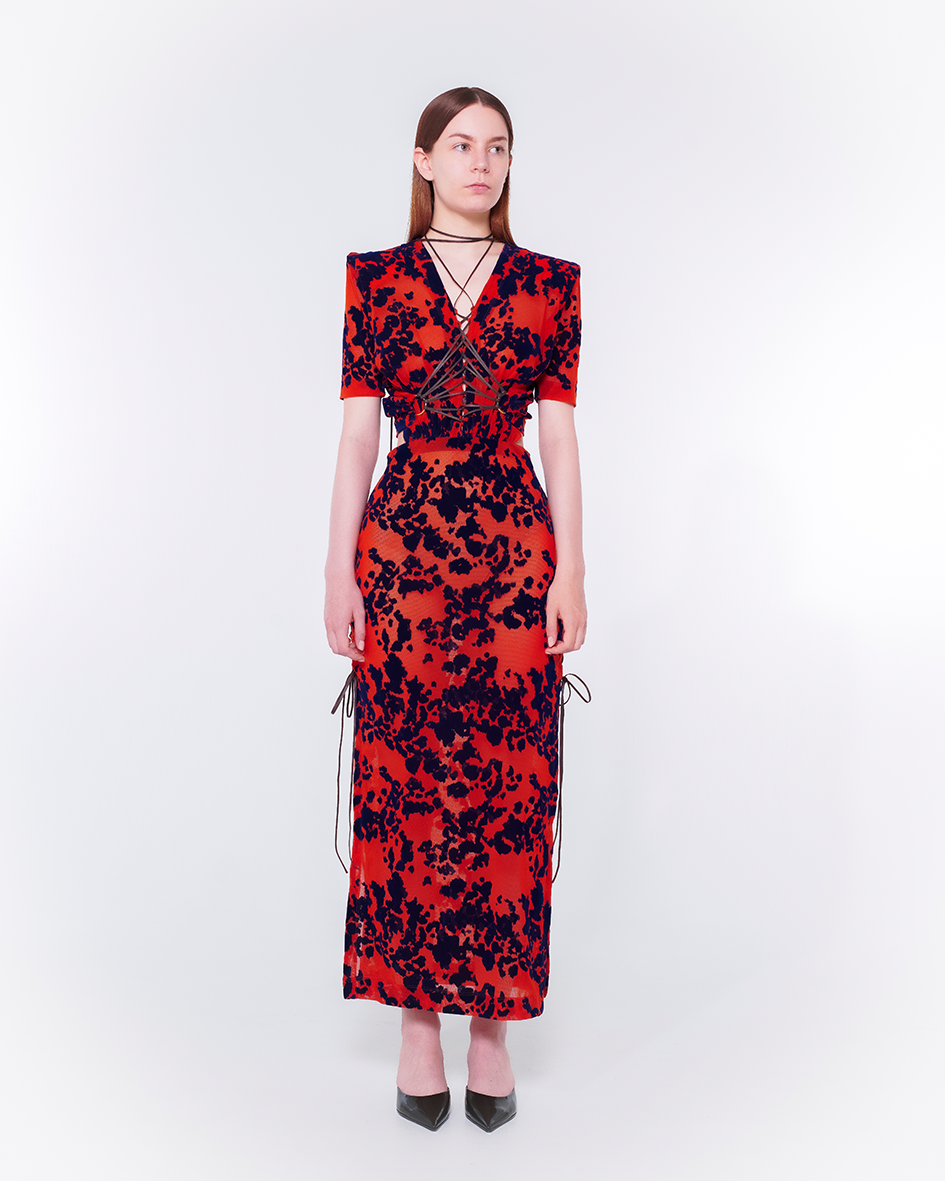 Fan-lacing Flocked Power Net Dress（Orange）