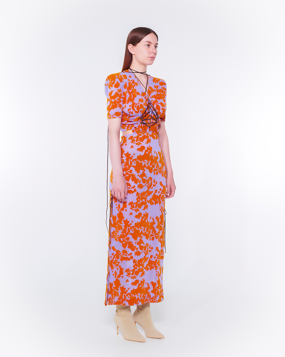 Fan-lacing Flocked Power Net Dress（Purple）