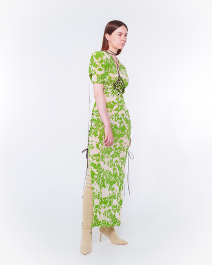 Fan-lacing Flocked Power Net Dress（Beige）