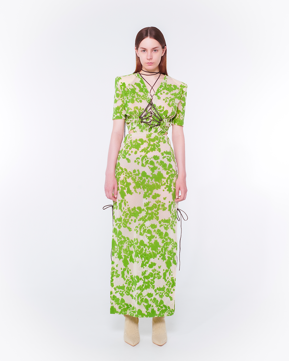 Fan-lacing Flocked Power Net Dress（Beige）