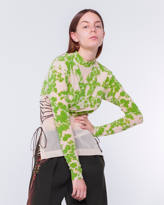 Fan-lacing Flocked Power Net Tops（Beige）
